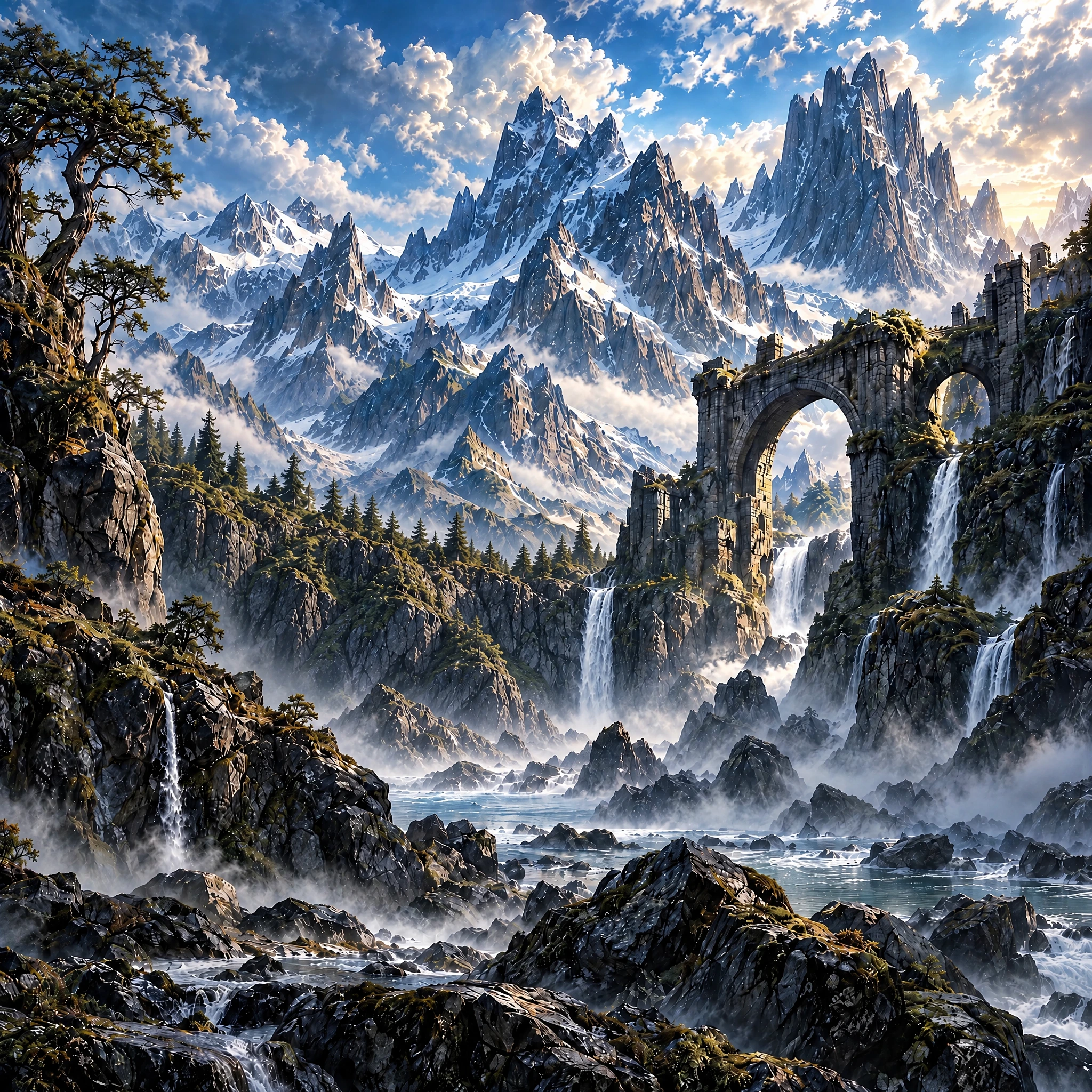 Ancient mountain ruins beside a waterfall.