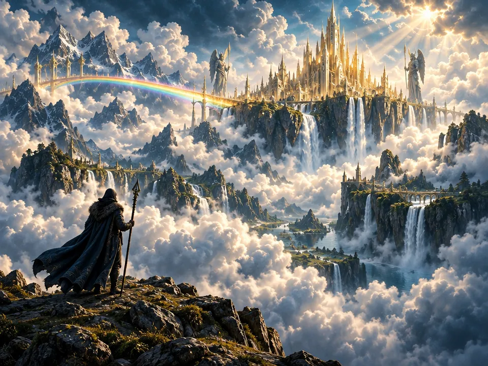 A luminous myth-inspired sphere above a misty landscape.