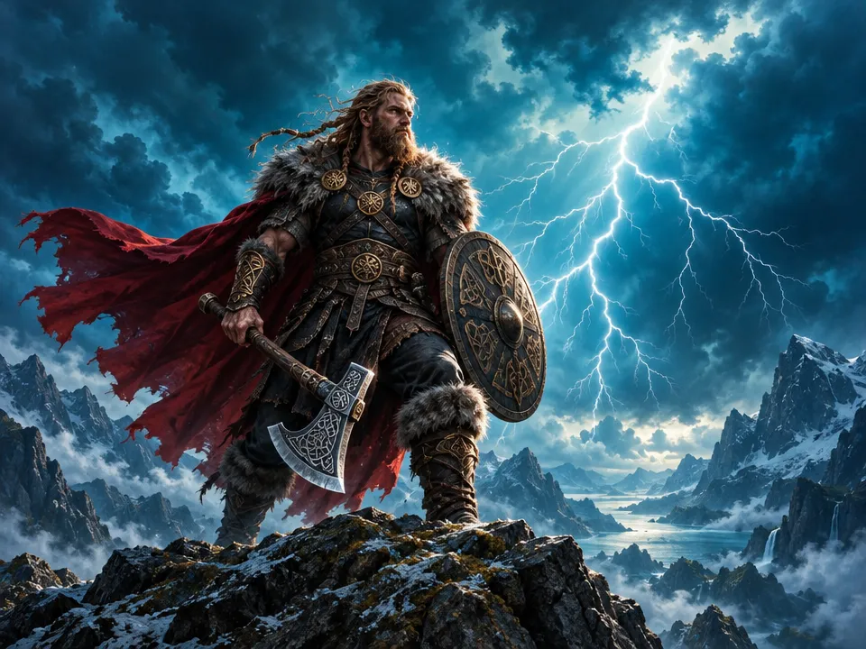 A Norse warrior in a dramatic mountain setting.