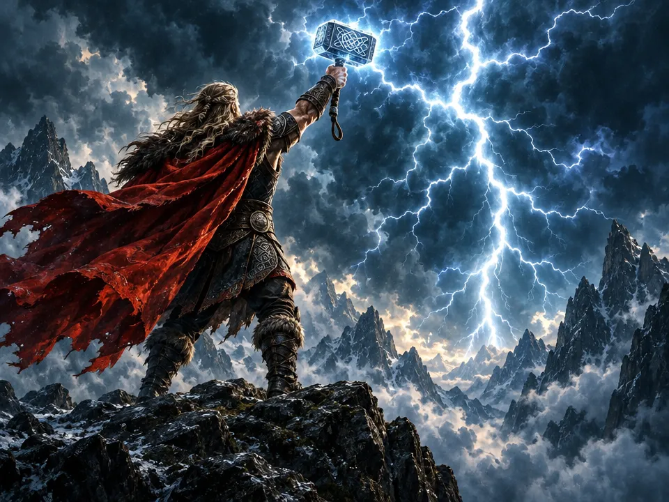 A Norse thunder god stands amid a storm-lit mountain realm.
